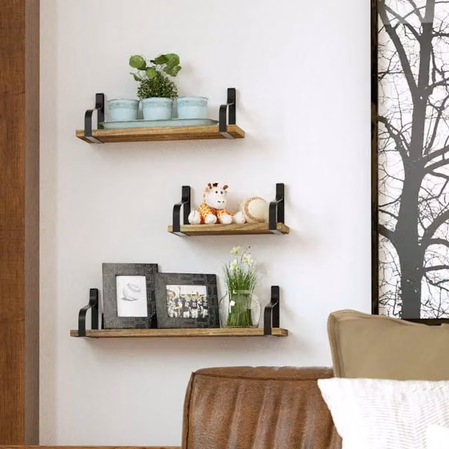 Livingandhome Set of 3 Industrial Brown Wooden and Metal Floating Wall Shelves