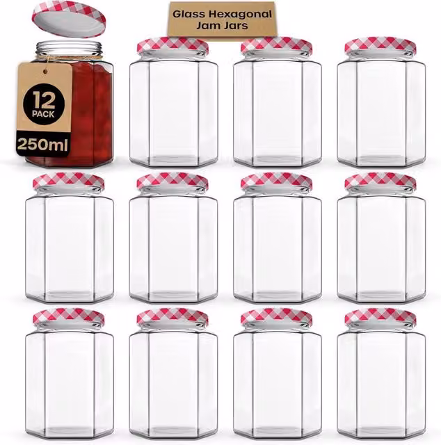 Volila 6 Pack Hexagonal Clear Glass Jam Jars with Screw Lids, 250ml per jar