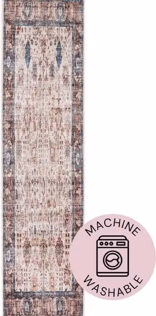 Kukoon Beige Floral Washable Runner Rug, Vintage Non-Slip Hallway Carpet, W: 80 cm, L: 300 cm