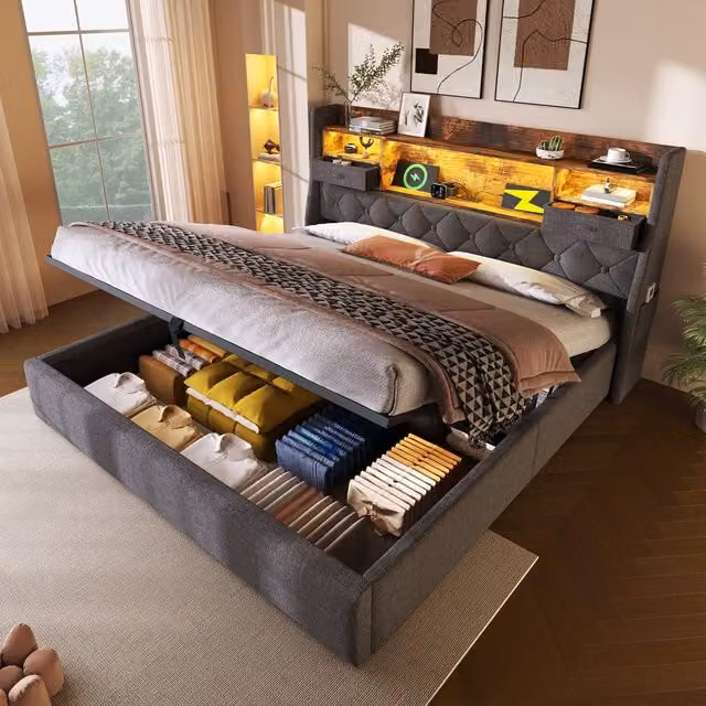 ModernLuxe Grey Upholstered Ottoman Bed with LED Lighting, USB Charging Port and Storage Headboard, W/D/H: 140 x 200 cm