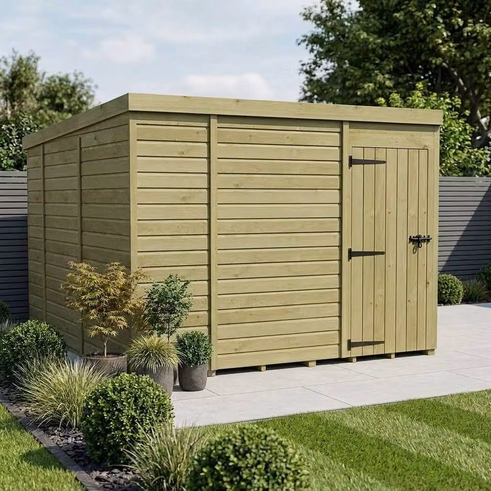 Buttercup Farm Pent Garden Shed in Brown Timber with Single Door and No Windows W/D/H: 274.32 x 304.8 x 210 cm – 2