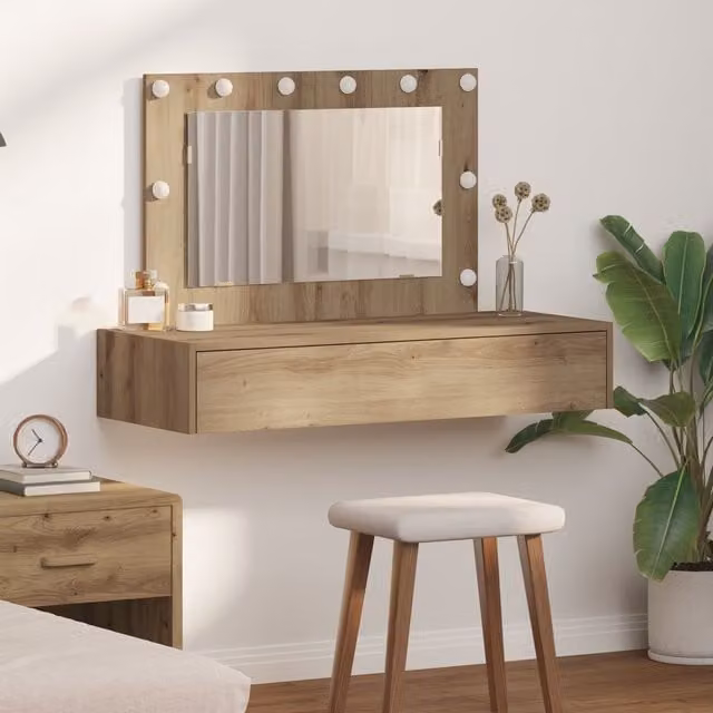 Berkfield Home Wall Hanging Dressing Table with Hollywood LED Lights in Brown Artisan Oak, W: 100 cm, H: 70 cm, D: 40 cm – 1
