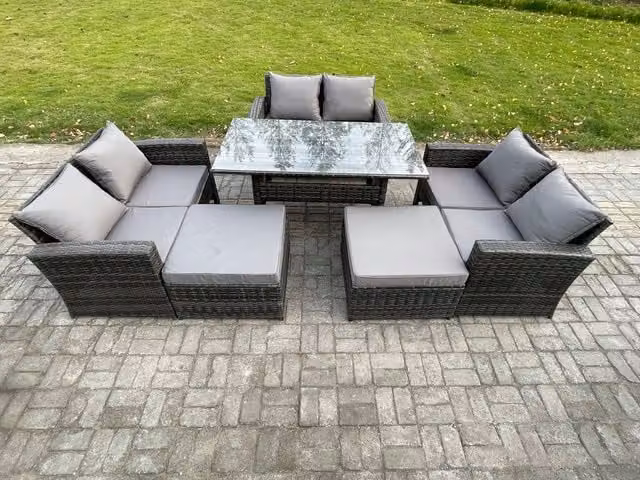 Fimous High Back Rattan Outdoor Garden Furniture Set with Dining Table and 2 Large Footstools, Dark Grey Mixed