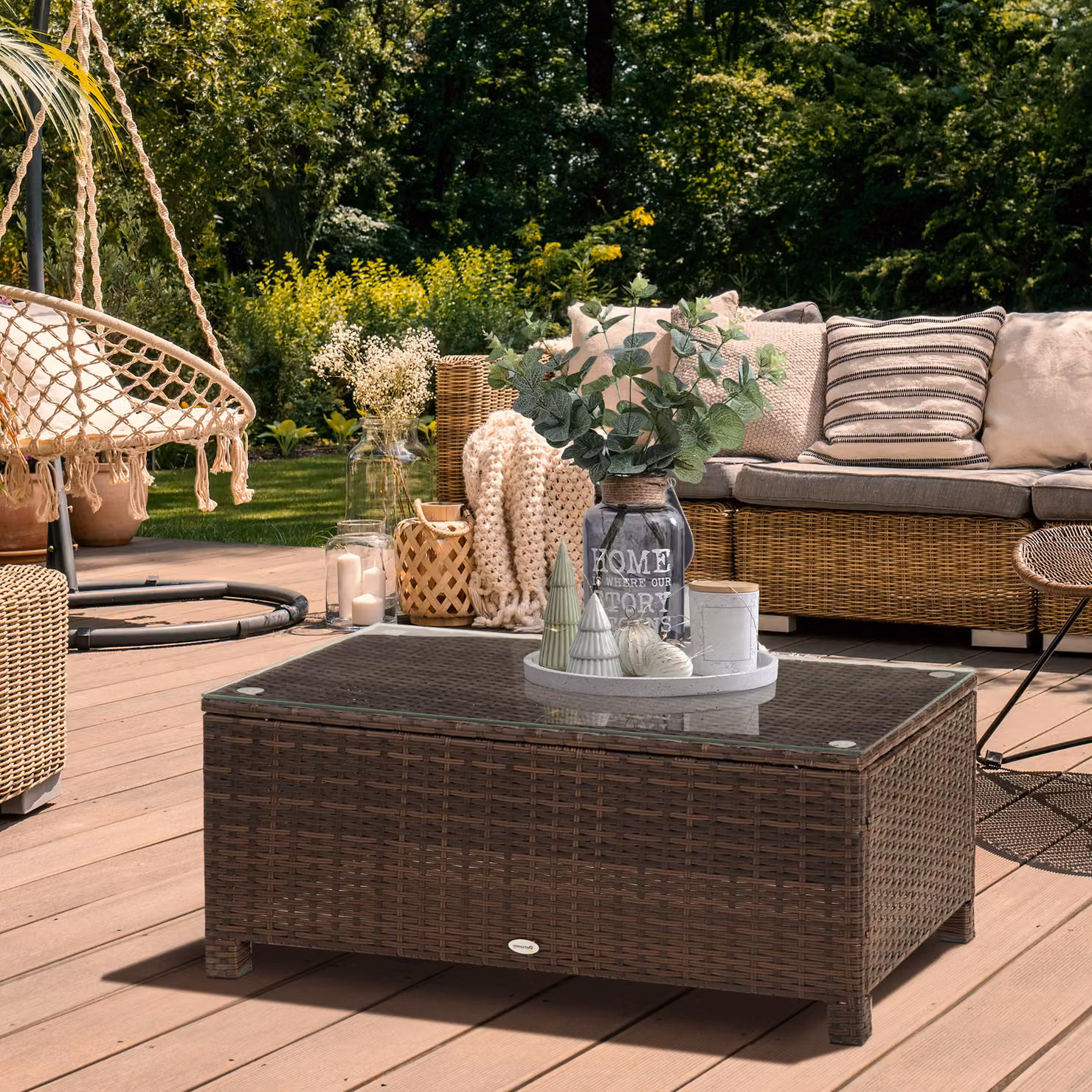 Outsunny Rattan Coffee Table with Tempered Glass Top and Metal Frame, Mix Brown, W/D/H: 85 x 39 x 39 cm – 2