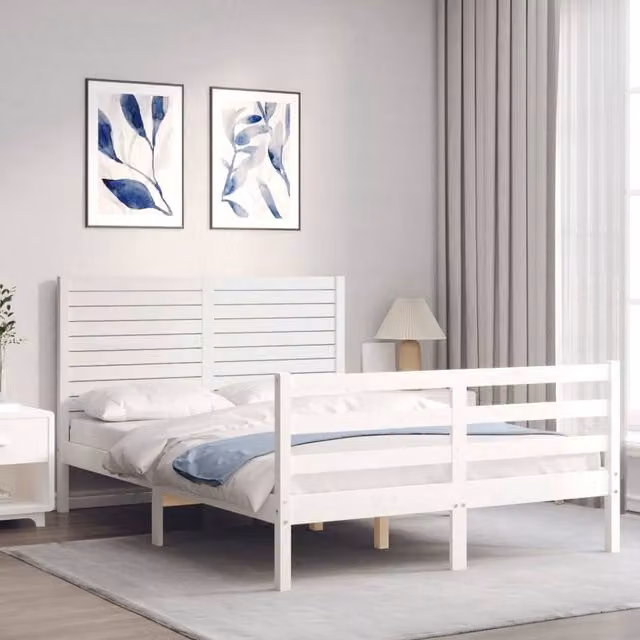 Berkfield Home Beautiful Solid Wood Bed Frame with Headboard in White, W/D/H: 140 x 190 cm – 1