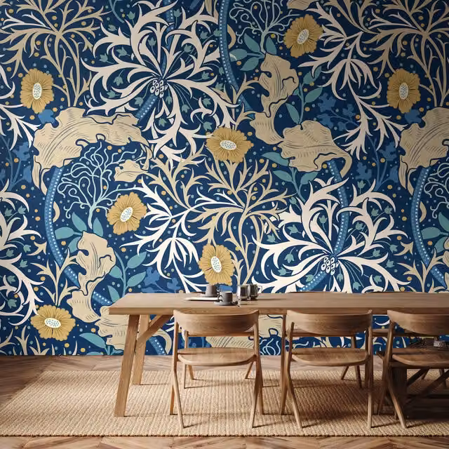 Origin Murals Trailing Seaweed Garden Art Nouveau Wall Mural in Petrol Blue, Width: 300 cm