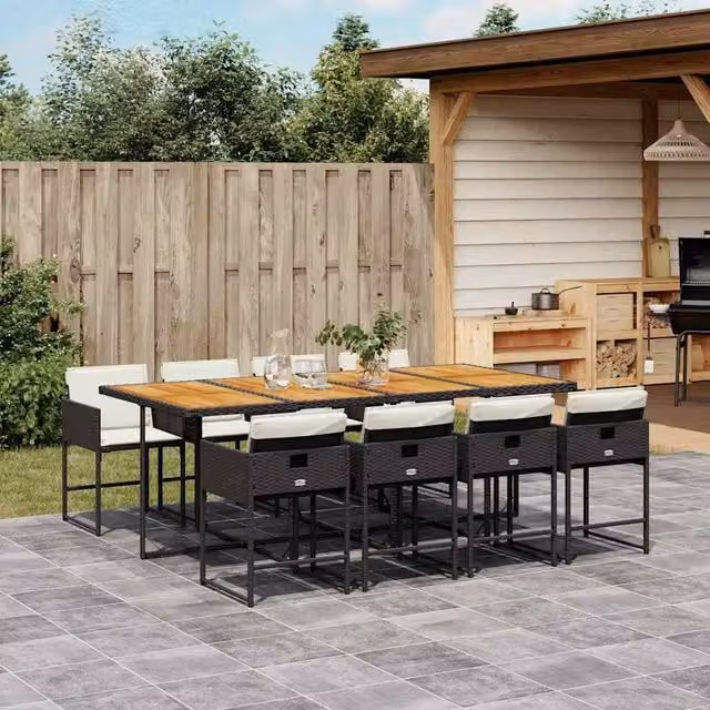 Berkfield Home Modern Extendable Rectangular Garden Dining Set in Black and White Polyrattan with Acacia Wood
