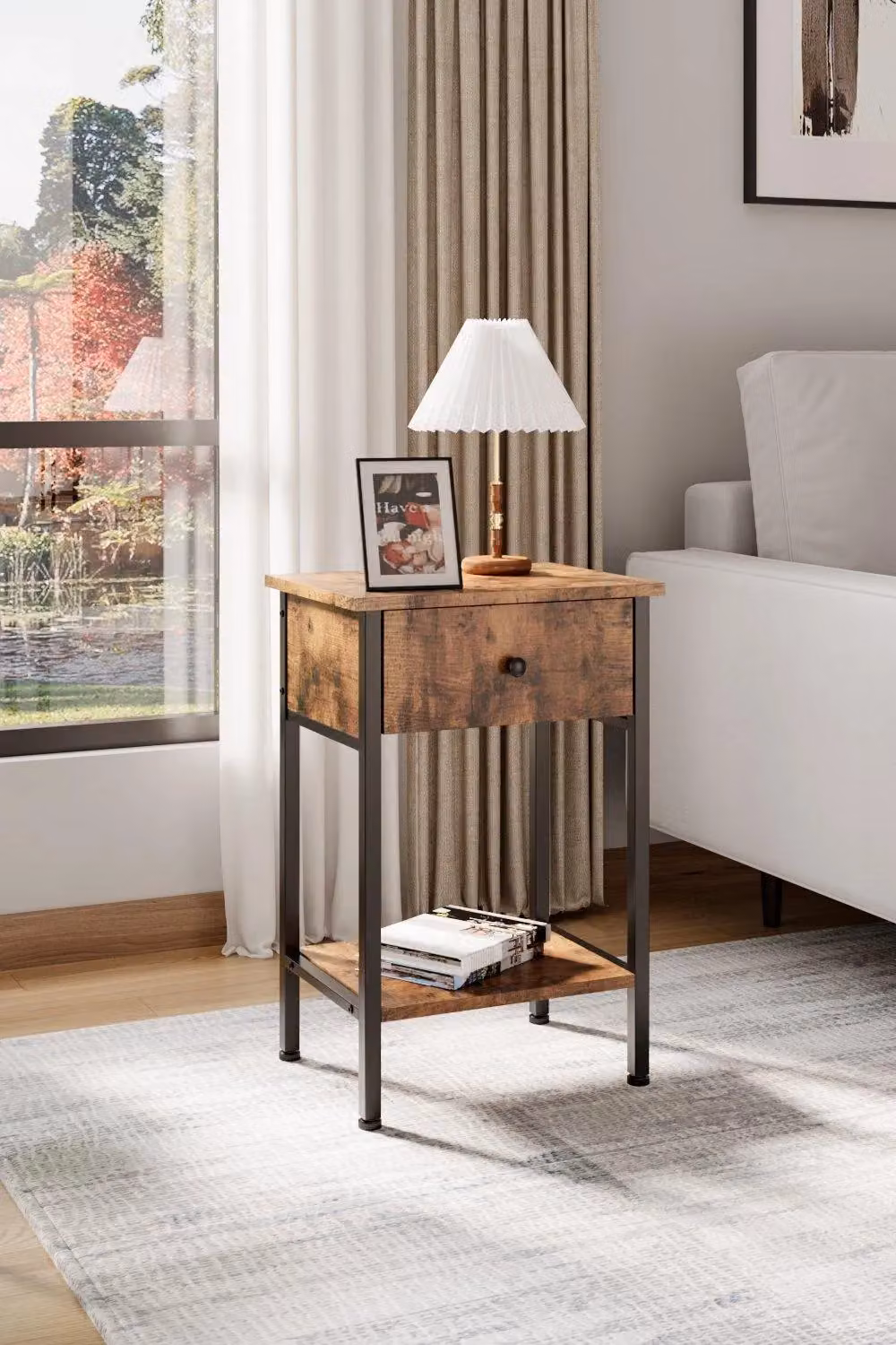 H&O Direct Industrial Side Table with Drawer and Shelf in Brown – 3