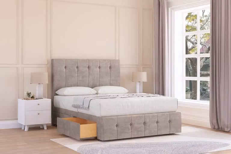 Sloomy Cambridge Plush Divan Base with 2 Drawers, 26 inch Headboard and 12 inch Footboard, Sand Velvet Fabric, W/D/H: 120 x 200 cm