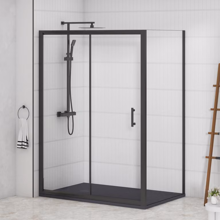 Royal Bathrooms Milan Sliding Door Shower Enclosure with Side Panel and Grey Slate Effect Stone Tray, Matt Black, W: 140 cm, D: 90 cm, H: 185 cm, 6mm Glass