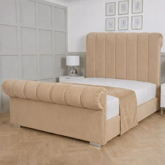 Living Comfort Bedz Orion King Size Plush Velvet Upholstered Bed with Slatted Base and 48 Inch Headboard in Beige, W/D/H: 180 x 200 cm