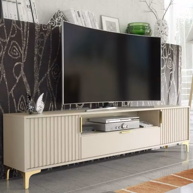 Creative Furniture Tide Crest TV Unit in Cashmere Warm Beige and Gold, W: 200 cm