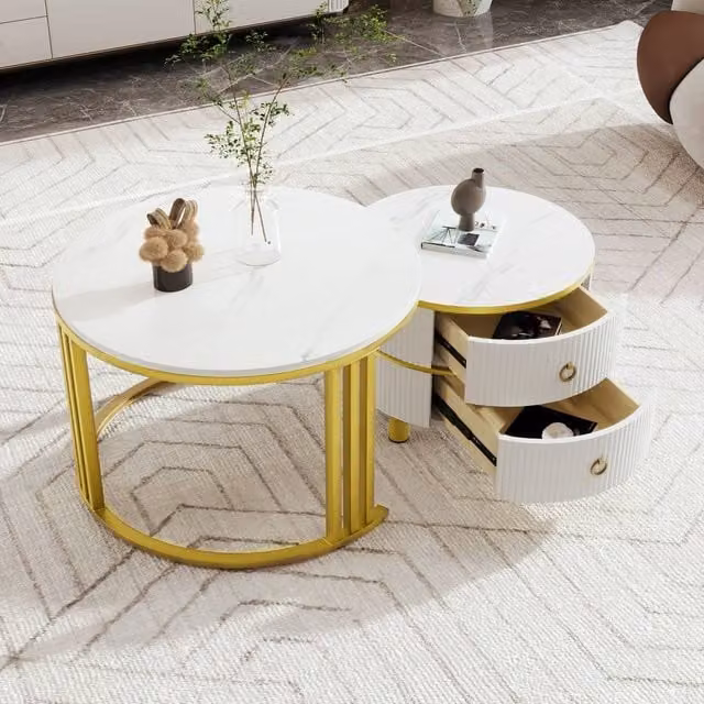Merax Modern 2-Piece Round Nesting Coffee Table Set with White Marble Effect MDF Tops and Metal Sled Base