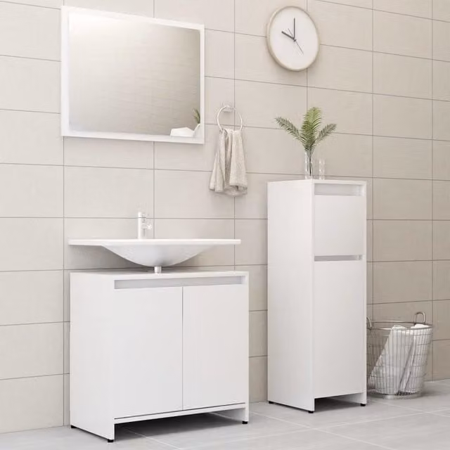 Berkfield Home 3 Piece Modern White MDF Bathroom Furniture Set including Vanity Unit, Mirror Cabinet and Wall Cabinet