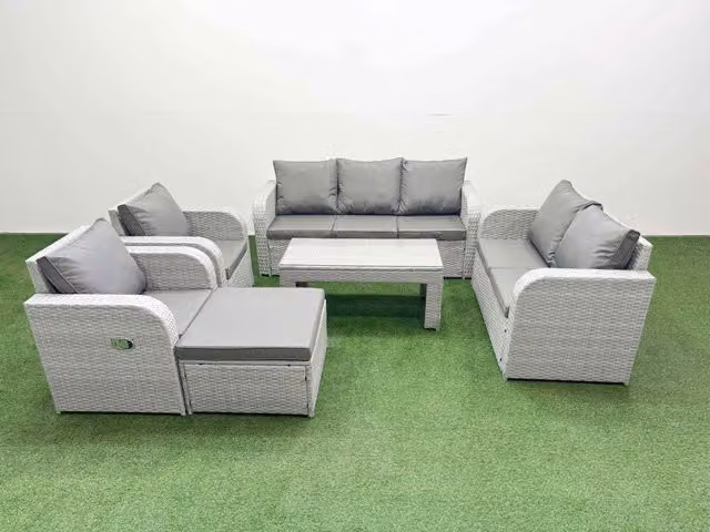 Fimous Grey PE Rattan Garden Furniture Set with 2 Seater Sofa, Coffee Table and Ottoman