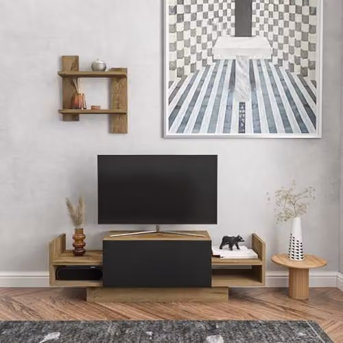 DECOROTIKA Bahara TV Unit with Open Shelves and Wall Shelf, Oud and Black, W: 120 cm, H: 36 cm, D: 22 cm – 1