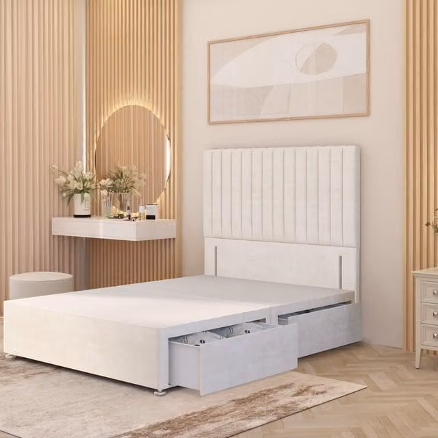 Somnior Beds Ltd Verona Divan Bed Base with 4 Drawers and Upholstered Velvet Headboard, White, W/D/H: 120 x 200 cm