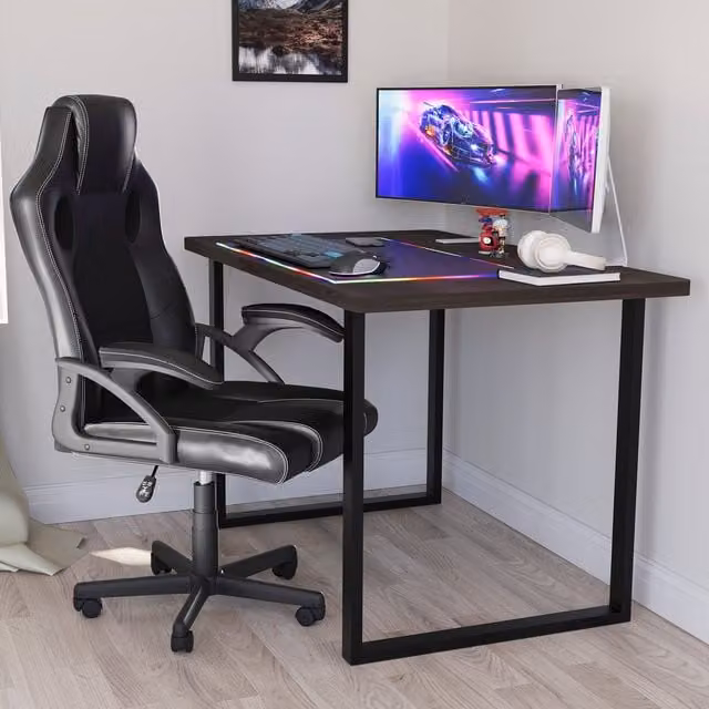 Vida Designs Modern Walnut Gaming Desk with U-Shaped Metal Legs