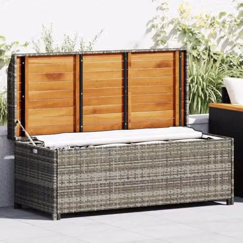 vidaXL Modern Grey Poly Rattan Garden Storage Bench with Acacia Wood, W: 120 cm, D: 50 cm, H: 50 cm – 2