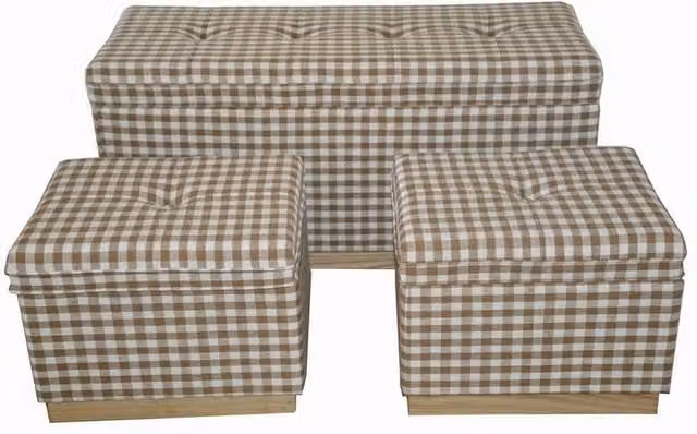 Minster Set of 3 Brown Chequered Rectangular Ottoman Stools with Storage – 1