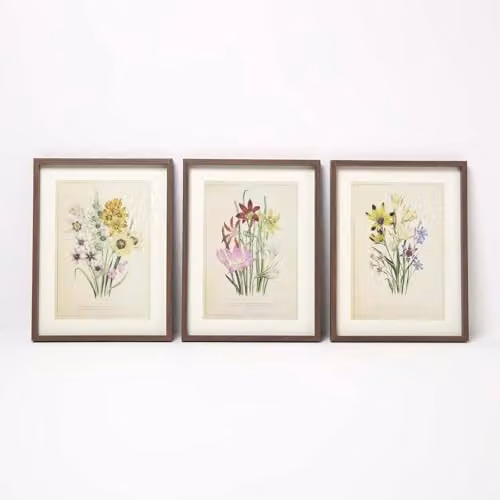 HOMESCAPES Set of 3 Vintage Floral Wall Art Prints in Multicolour and Yellow, W/H: 30 x 40 cm – 1