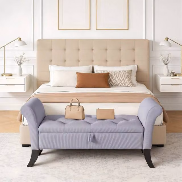 PAWNORA Upholstered Ottoman Storage Bench in Grey