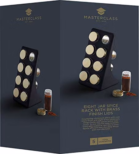 MasterClass 9 Piece Herb and Spice Rack Set with 8 Glass Lidded Jars in Black and Gold – 3