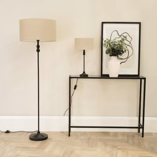 ValueLights Black Metal Candlestick Floor Lamp with Beige Fabric Cylinder Shade – 2