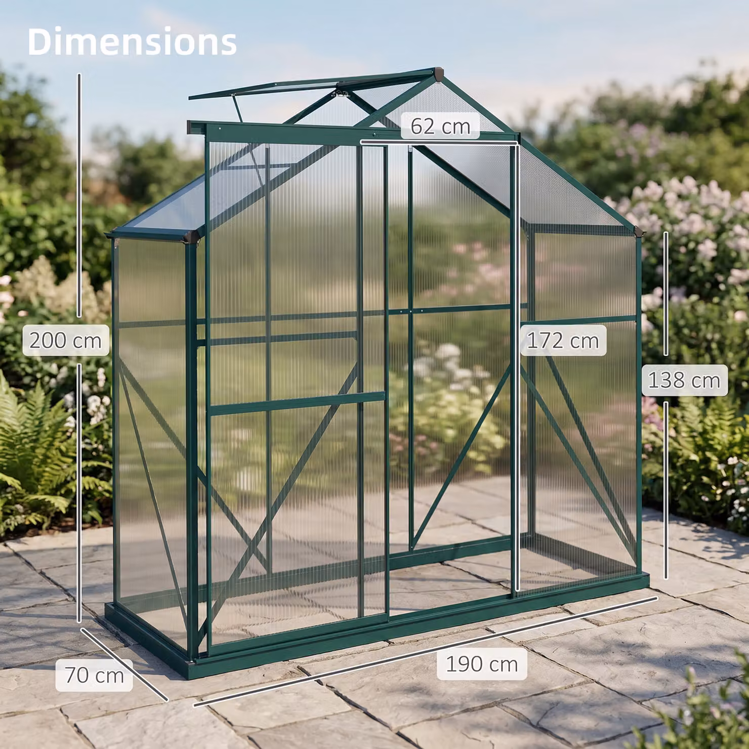 Outsunny Green Polycarbonate Walk-In Greenhouse with Sliding Door, Window, Rain Gutter and Foundation, W/D/H: 182.88 x 70.0 x 200.0 cm – 3