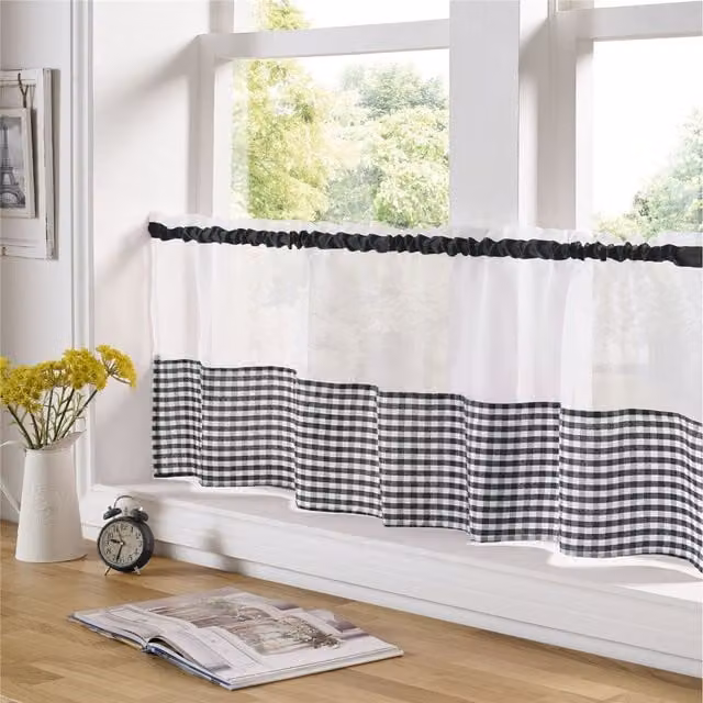 Alan Symonds Black and White Gingham Checked Kitchen Voile Panel, Width: 46 cm