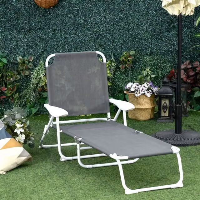 Outsunny Reclining Lounge Chair in Dark Grey with Textilene Fabric and Armrests