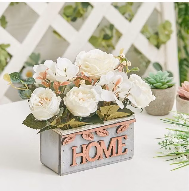 Living and Home Artificial Hydrangea and Peony Tabletop Centerpiece in White and Green with Wooden Box