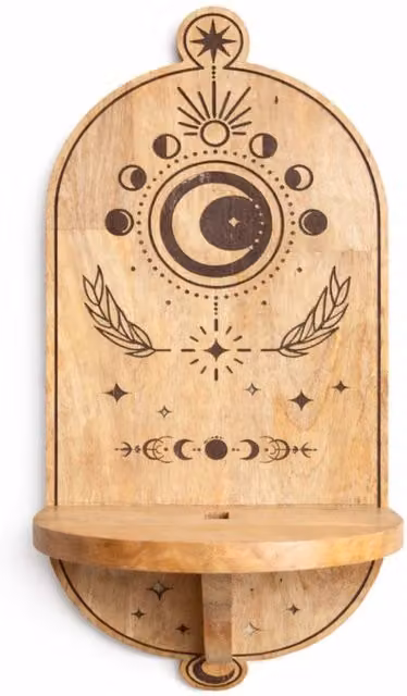 KDMD Moon Phase and Carved Tree Arch Wooden Wall Shelf in Brown