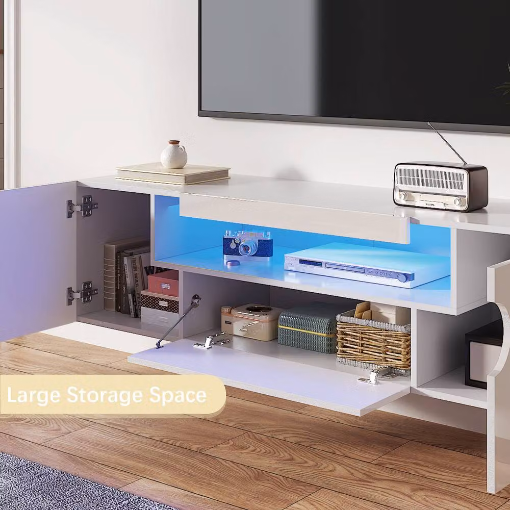 KEEPREAPER Sleek Floating TV Stand with LED Light and Storage Cabinet in White – 3