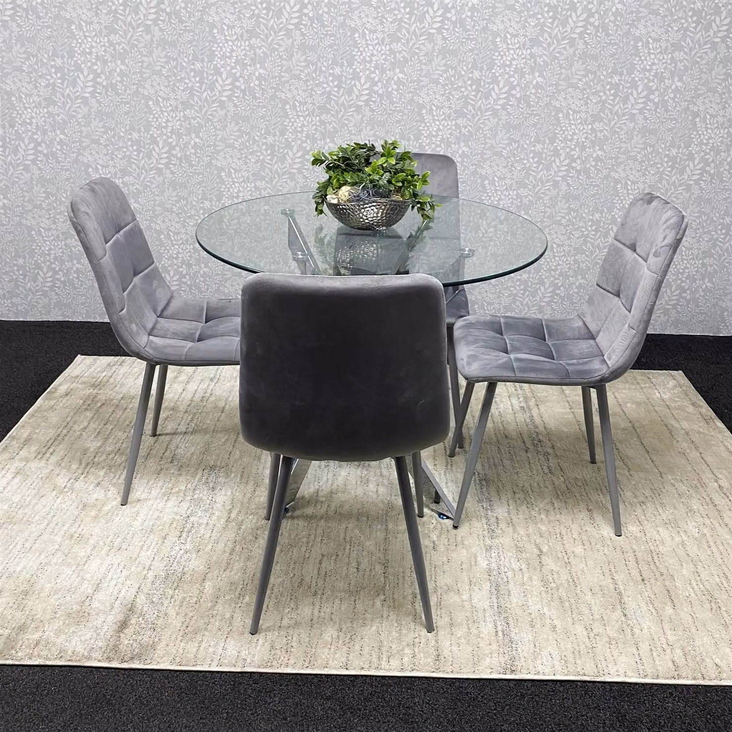 Kosy Koala Modern Round Glass Dining Table and 4 Grey Velvet Chairs Set in Brown – 4