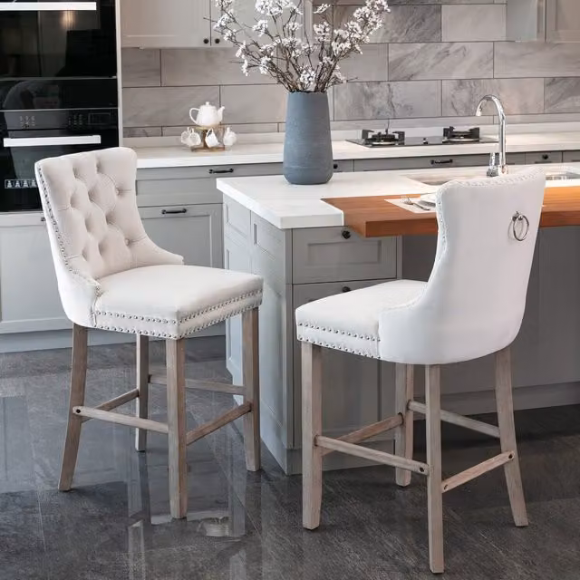Modern Home Touch Set of 2 Beige Velvet Tufted High Back Bar Stools with Oak Legs