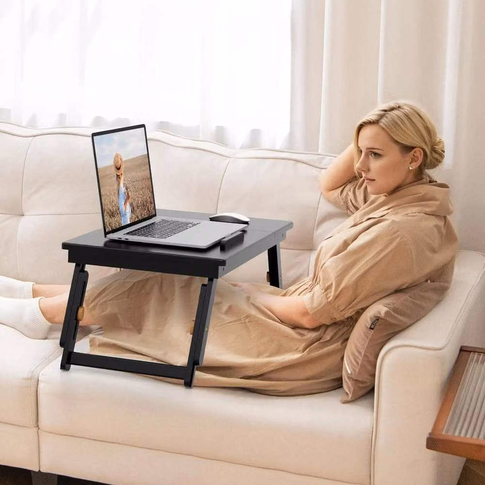 KORVIXA Bamboo Breakfast Serving Bed Tray and Laptop Lap Tray, Black, W/D: 100 x 100 cm – 2