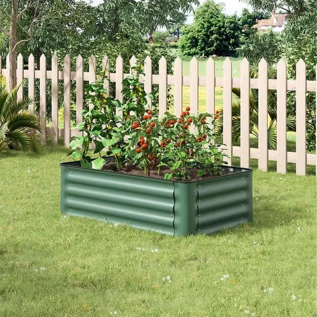 Livingandhome Green Metal Raised Garden Bed with Climbing Support and Rounded Corners