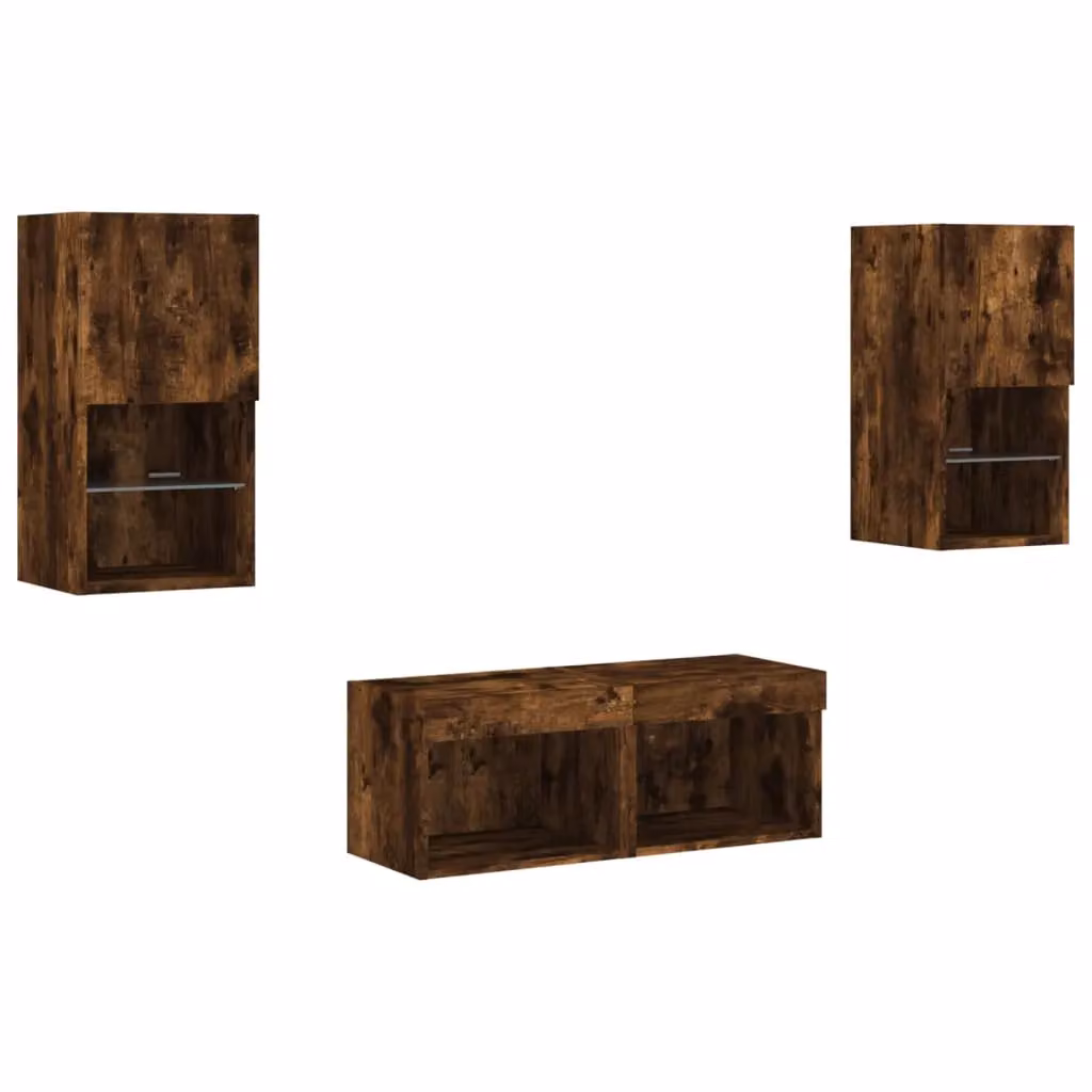 Berkfield Home 4 Piece Smoked Oak TV Wall Cabinets with Integrated LED Lighting in Brown – 2