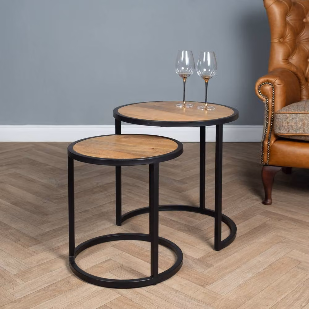 Elm Home And Garden Nest Of Two Round Mango Wood and Black Metal Side Tables – 2