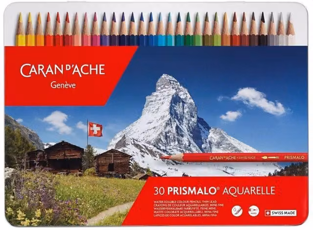 Caran d'Ache Prismalo Aquarelle 30 Water-Soluble Colour Pencils Professional Set in Multicolour with Metal Tin