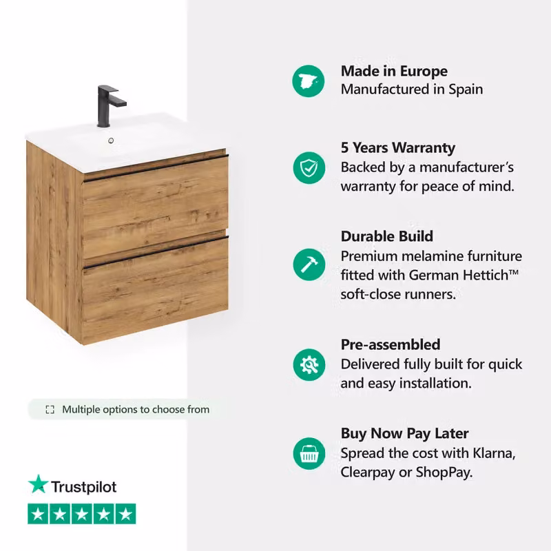 Banyetti Vatilla 1200mm Wall Hung Vanity Unit with Athena Basin in Ostippo Light Oak, W: 120 cm, D: 45 cm, H: 59 cm – 2