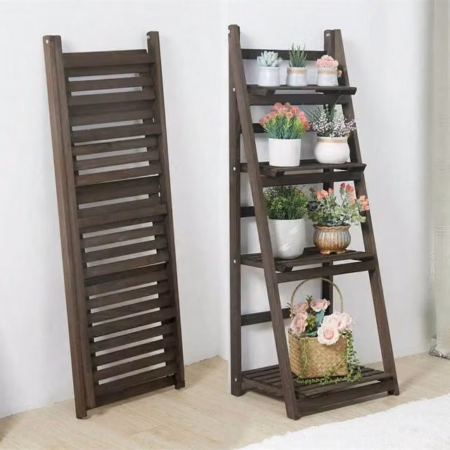 EONLION Brown Foldable Wood Ladder Shelf Display – 1