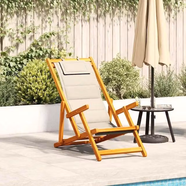 Berkfield Home Folding Beach Chair with Armrests and Adjustable Headrest in Beige Acacia Wood and Textilene – 1