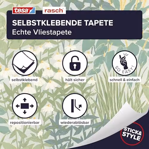 Rasch Wildscape Self-Adhesive Floral Non-Woven Wallpaper in Green, White and Blue, 6.00 m x 0.53 m – 2