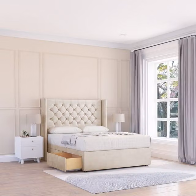 Sloomy Dior Plush Wingback Bed Set with 2 Drawers and Floor Standing Headboard in Beige, W/D/H: 180 x 200 cm