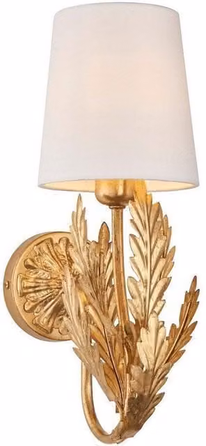 Netlighting Delphine Decorative Gold and Brass Layered Leaf Wall Lamp with Ivory Fabric Cylinder Shades