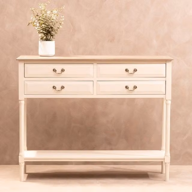 Orsina White Pine Wood Console Table with 4 Drawers for Hallway or Home Office