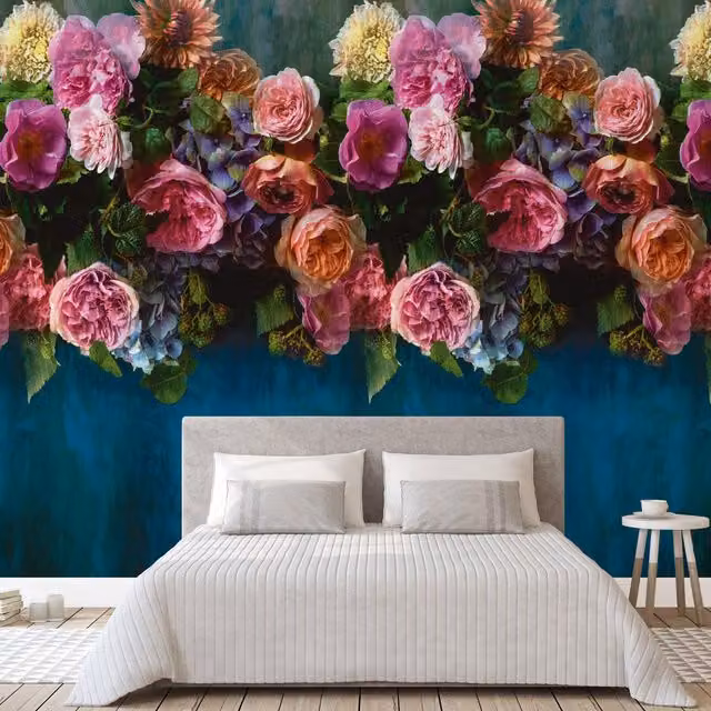 Grandeco Peony Bloom Floral Botanical Mural in Blue and Multicolour, W: 280 cm, H: 159 cm