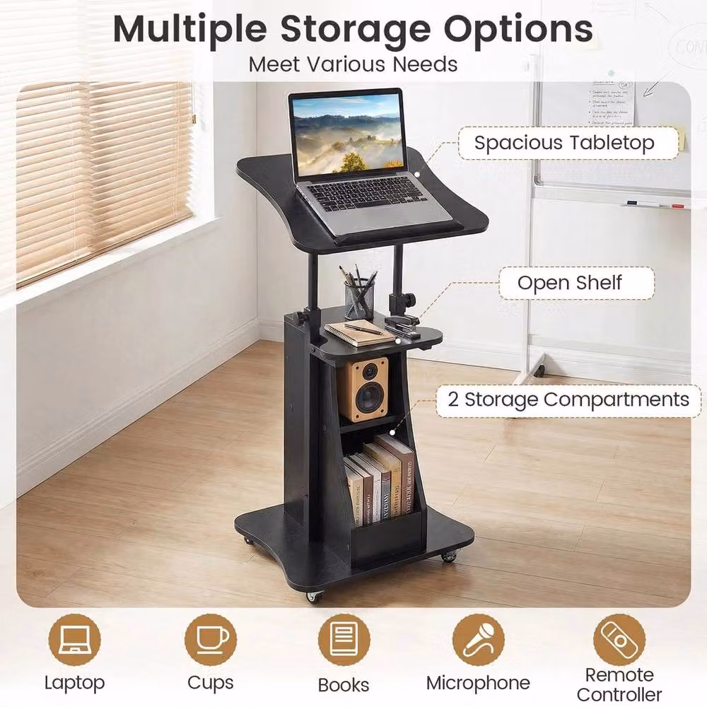 Havendro Height Adjustable Rolling Podium Stand with Tilting Top in Black – 3